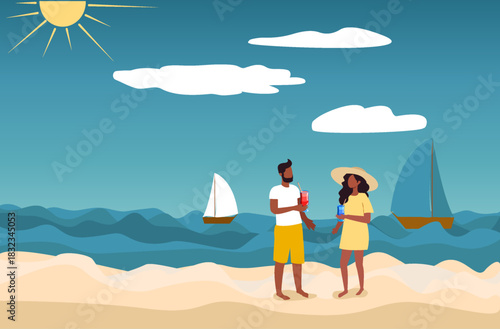 A couple stands on a sandy beach enjoying refreshing drinks under the sun. They are surrounded by gentle waves and sailboats in the distance, creating a relaxing atmosphere