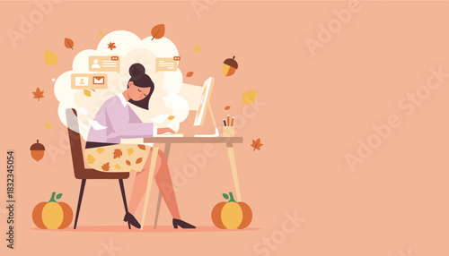 Tired woman overwhelmed by messages working on computer during autumn season Remote work stress