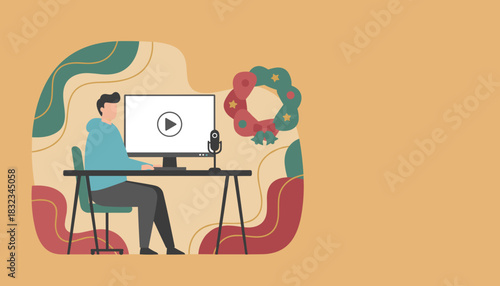 Home office illustration with man working remotely during the Christmas holiday season