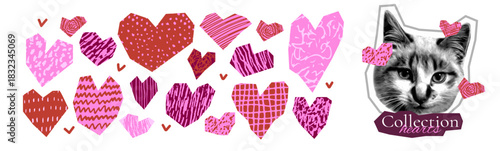 Collage cutout scrapbook hearts collection with crayon drawn scribbles and patterns. Set of torn out red paper drawn paper .