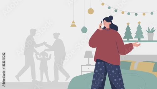 Young woman uses phone in a decorated bedroom contrasted with shadows of a distant family