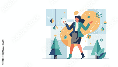 Businesswoman shopping online for Christmas gifts on her phone amidst festive decorations