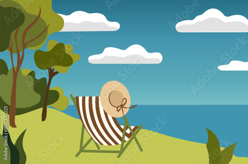 A relaxing scene unfolds on a sunny day as a person sits in a striped lounge chair near the calm sea. Lush greenery surrounds the area, enhancing the peaceful atmosphere