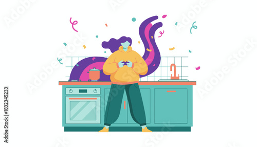 Young person gaming in a modern kitchen with confetti Home entertainment and digital fun