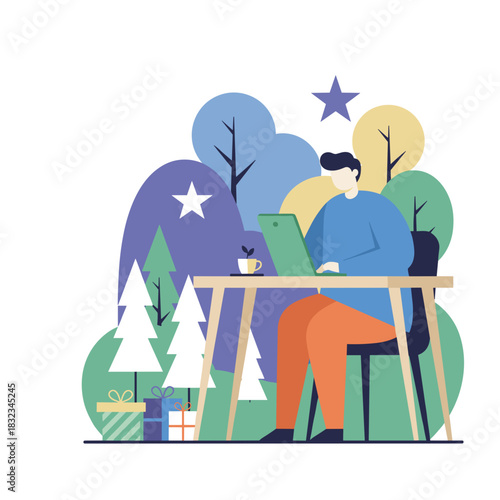 Digital nomad working outdoors during the festive winter season