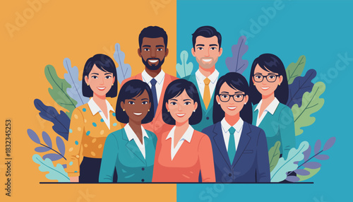 Diverse team of smiling professionals illustration representing teamwork inclusion and corporate success