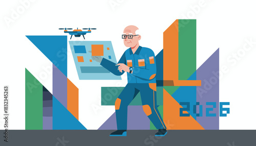 Senior engineer uses drone technology and digital interface for industrial planning in 2026