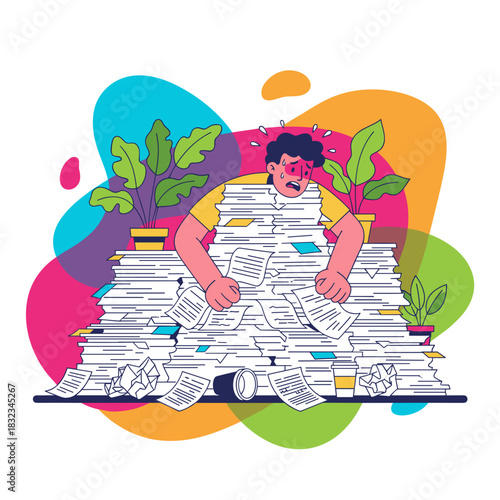 Overwhelmed worker buried under a huge pile of paperwork symbolizing stress bureaucracy and workload