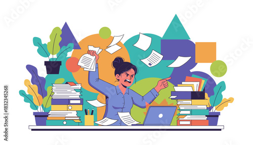 Overwhelmed worker explodes in anger surrounded by paper chaos and demanding deadlines
