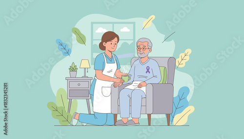 Compassionate caregiver serving hot drink to elderly patient at home illustrating health support