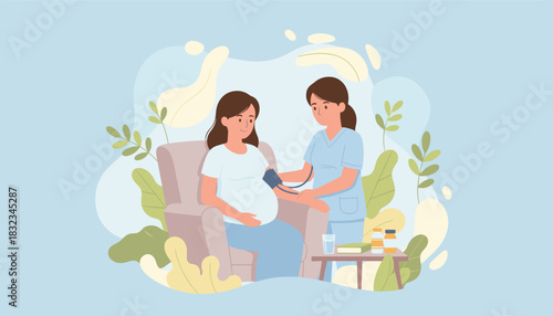 Nurse checking blood pressure of pregnant woman during home prenatal care visit