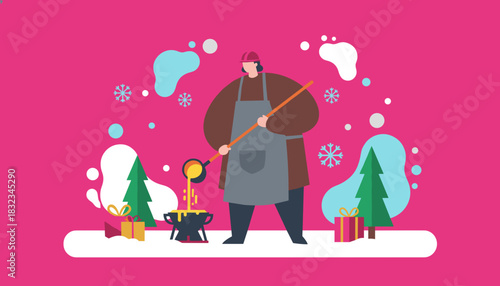 Worker pouring liquid metal or candy into a cauldron Holiday industry production or Christmas craftsmanship concept