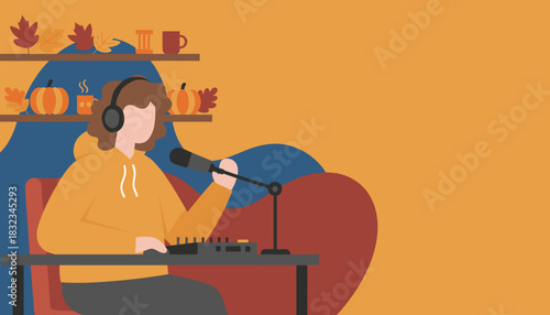 Content creator recording a podcast in a cozy autumn home studio Copy space