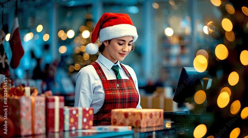 Obraz premium Young female shop worker in a Santa hat operating a checkout counter surrounded by wrapped Christmas gifts and warm festive lights inside a beautifully decorated holiday store.