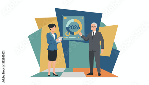 Business leaders review 2026 financial data and strategy Flat illustration of corporate planning and analysis