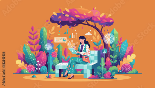 Businesswoman works on tablet outdoors merging technology with colorful nature and data visualization