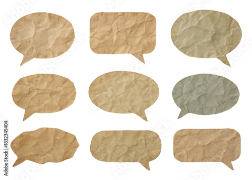 Set of blank vintage paper speech bubbles with crumpled texture for messages, scrapbooking and creative design
