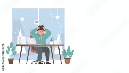 Stressed worker dealing with burnout and heavy workload indoors during the winter season