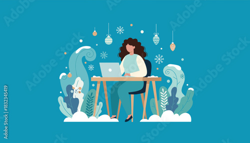 Remote work during winter holidays Woman using laptop surrounded by snow plants and Christmas decor