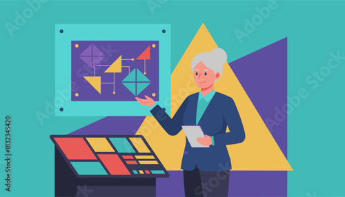 Senior professional presenting data analysis and strategy using a board and tablet