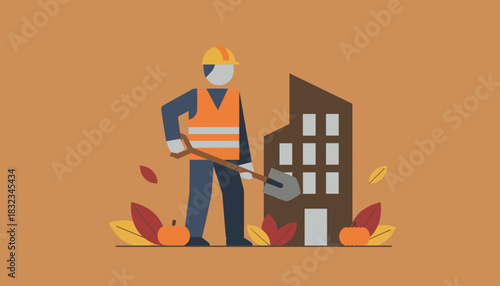 Construction worker with shovel beside a building surrounded by autumn leaves and pumpkins