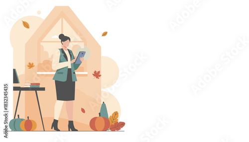 Professional woman using tablet at home office during autumn Seasonal business technology concept