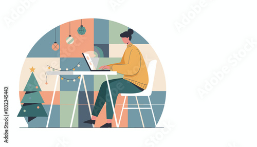 Remote worker using laptop in a cozy festive home office with Christmas decorations