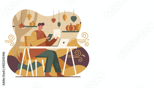 Man working remotely on laptop phone and tablet in a cozy autumnthemed flat design illustration