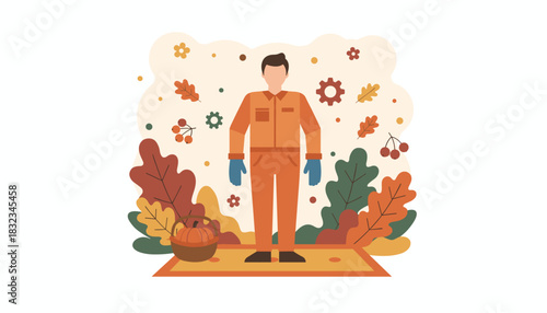 Essential worker in orange uniform standing in an autumnal environment with pumpkins and gears