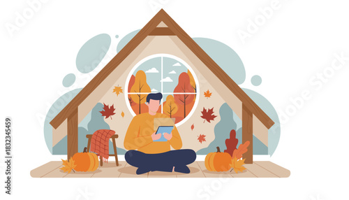 Relaxed man works on tablet in a cozy attic home office during the colorful autumn season