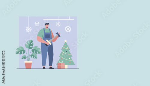 Service worker holding tools next to a Christmas tree and plant Winter holiday home repair concept