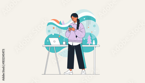 Young woman uses smartphone at her remote winter desk surrounded by technology and nature elements