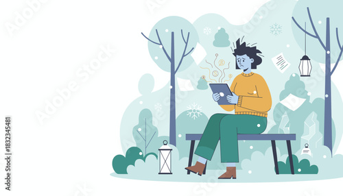 Frazzled person stressed by digital market loss while using tablet in a snowy park setting
