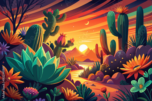 A flowering cactus that glows at sunset with vibrant blooms, warm golden light, desert botanical scenery, tranquil nature, and colorful plant details.