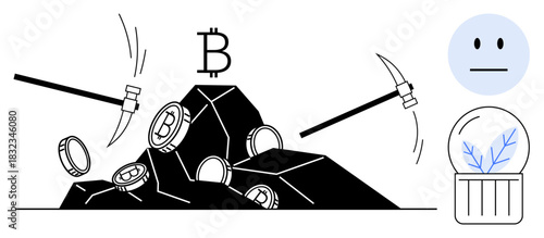 Pickaxes breaking rocks to reveal Bitcoin coins, blockchain symbol above. Ideal for cryptocurrency, mining, blockchain, financial technology, investment, innovation digital economy. Simple flat