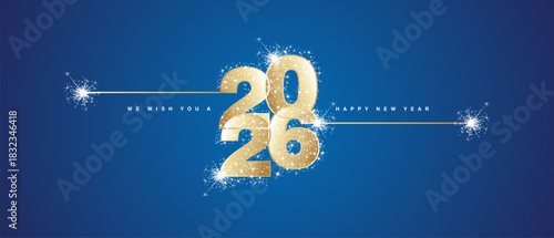 Happy New Year 2026 eve loading line design art numbers logo with sparkle fireworks stardust gold white blue light vector wallpaper greeting card