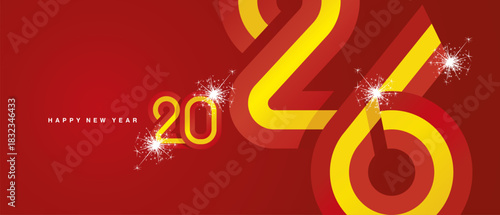 Happy New Year 2026. Combination of small and large typography in the shape of a Spain ribbon for the year 2026. Abstract red yellow ribbon flag sparkling fireworks on red background