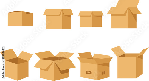 Cardboard box cartoon vector set, open and closed packaging icons, shipping containers, flat illustration, side view, logistics and storage concept