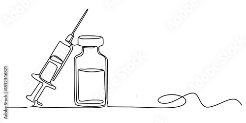 Vaccination Symbol: Syringe & Vial Sketch, Minimalist medical artwork ideal for healthcare campaigns, vaccination awareness, and educational use.