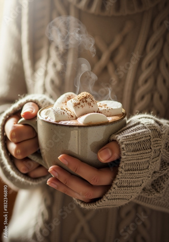 Woman's Hands Holding Mug of Hot Cocoa with Marshmallows in Cozy Knitted Sweater for Winter Blogs, Comfort Beverage Websites, Seasonal Recipes, and Social Media Posts