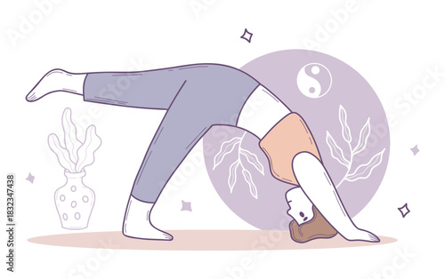 Girl Doing Fitness Stretching Pose with Floral Elements. Color hand-drawn, doodle in pastel colors. Vector illustration. Female Character Yoga. Not AI