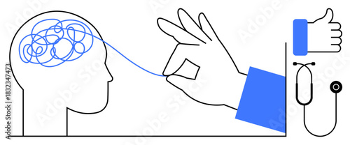 Mental health concept. Mental health ed with problem-solving, intertwined thoughts, and a supportive hand. Mental health idea for therapy, healthcare, emotional wellness, decision-making, support