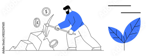 Man using a pickaxe to dig coins with dollar, euro, and pound symbols beside a leaf. Ideal for finance, investment, hard work, sustainability, resourcefulness economy financial strategy. Simple