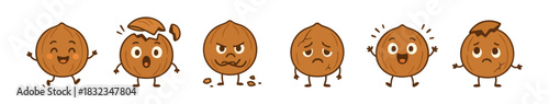 Cartoon Walnuts Displaying a Range of Emotions on a White Background