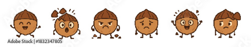 Animated Nut Characters Displaying Different Emotions in Pixel Art Style