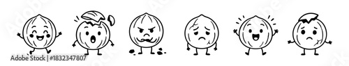 Cartoon Walnuts Expressing Various Emotions in a Whimsical Black and White Line Art Style