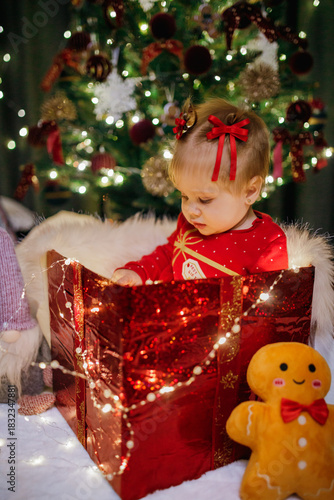 Little girl sitting in a gift box at Christmas day
