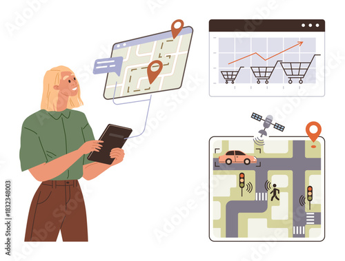 Young woman holding tablet, analyzing map with location pins, traffic updates, and shopping trends. Ideal for technology, navigation, transportation, e-commerce, analytics data management
