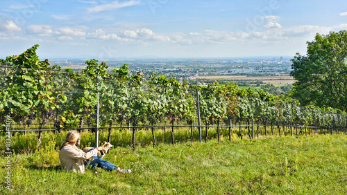 Mann mit seinem Hund in den Weinbergen 