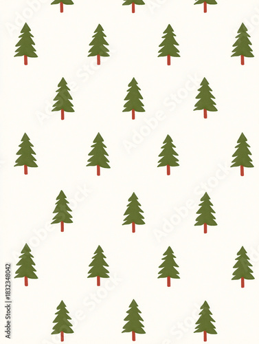 Pattern of green Christmas trees with brown trunks on a light beige background
